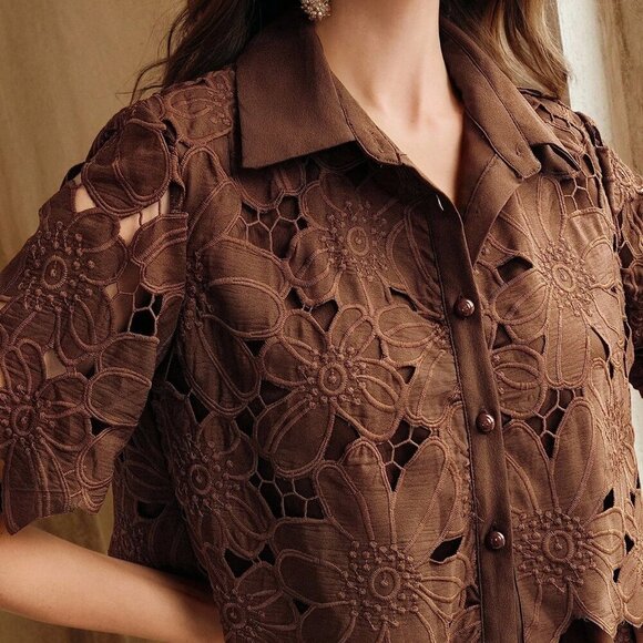 Brown Casual Women's Embroidered Top & Pants Set - Picture 7 of 7